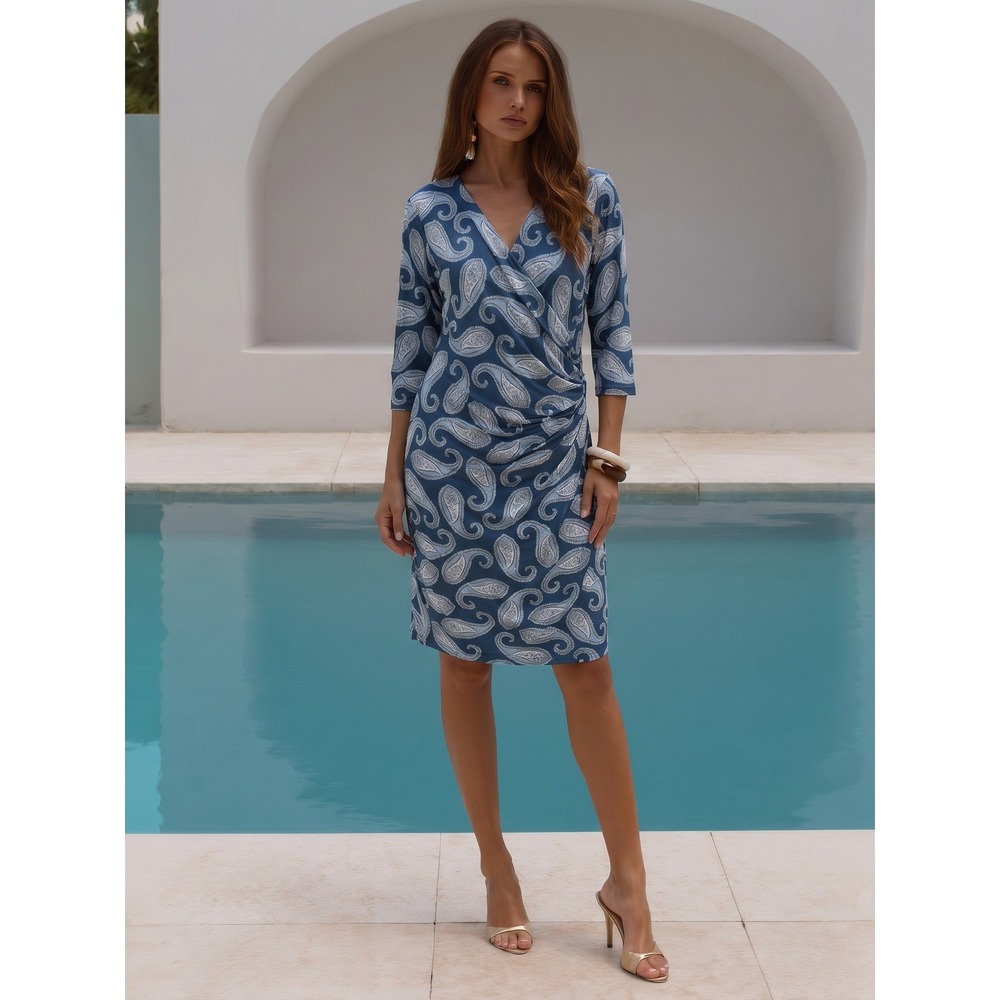 Anatomie Wrap Dress Womens Large Blue‎ Paisley Print 3/4 Sleeve Made in Italy